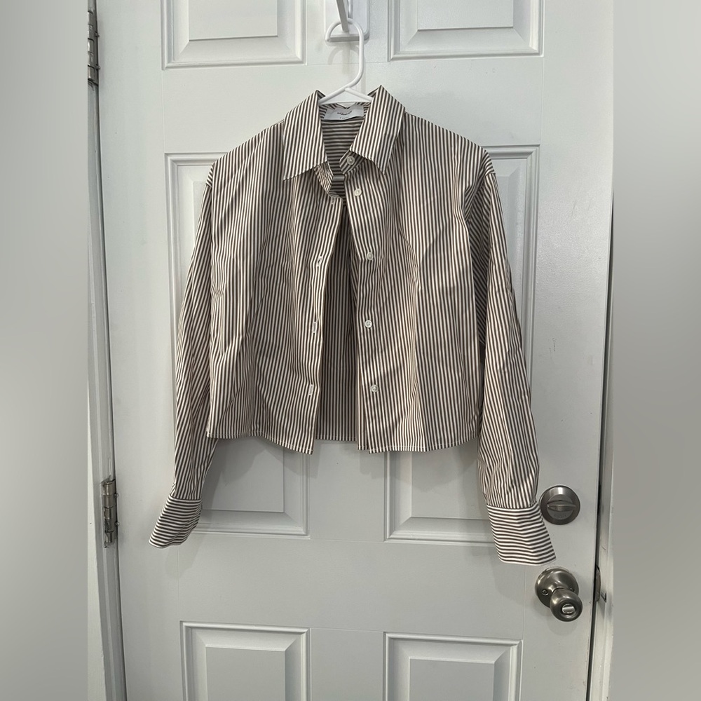 SOLD OUT NYC OVERSIZED THE CROPPED EVERYTHING SHIRT IN TRUFFLE MICRO STRIPE XS - Picture 9 of 10